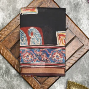 green silk paisley print saree with gold border