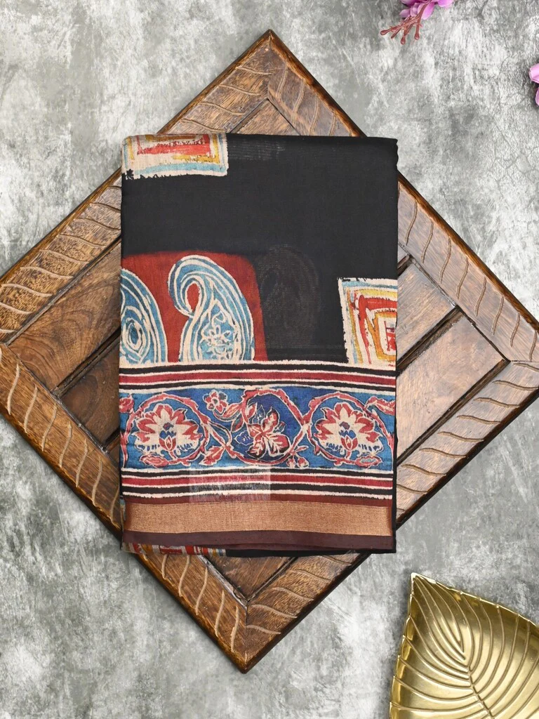 green silk paisley print saree with gold border