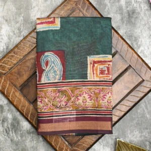 green silk paisley print saree with gold border