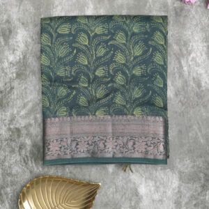 green silk paisley print saree with gold border