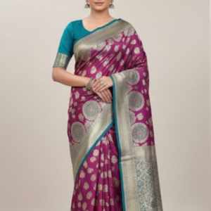 Premium Purple Banarasi Art Silk Zari Woven Saree with Rich Border & Tassels Front