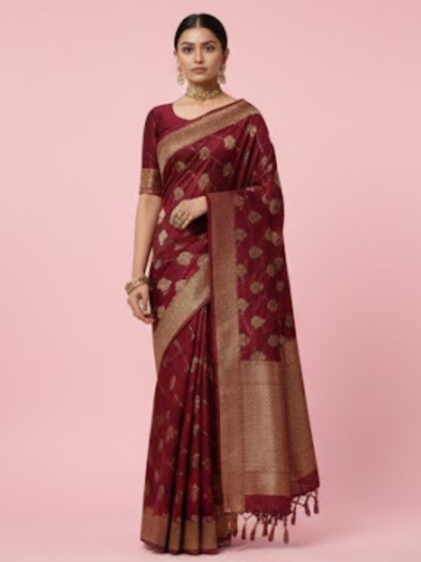 Premium Banarasi style maroon saree from Usha Garments.