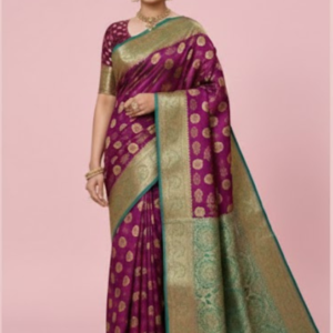 Purple Art Silk Saree with Green Border & Golden Zari Work
