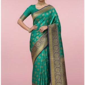 Teal Green Art Silk Saree with Golden Motifs & Rich Zari Border